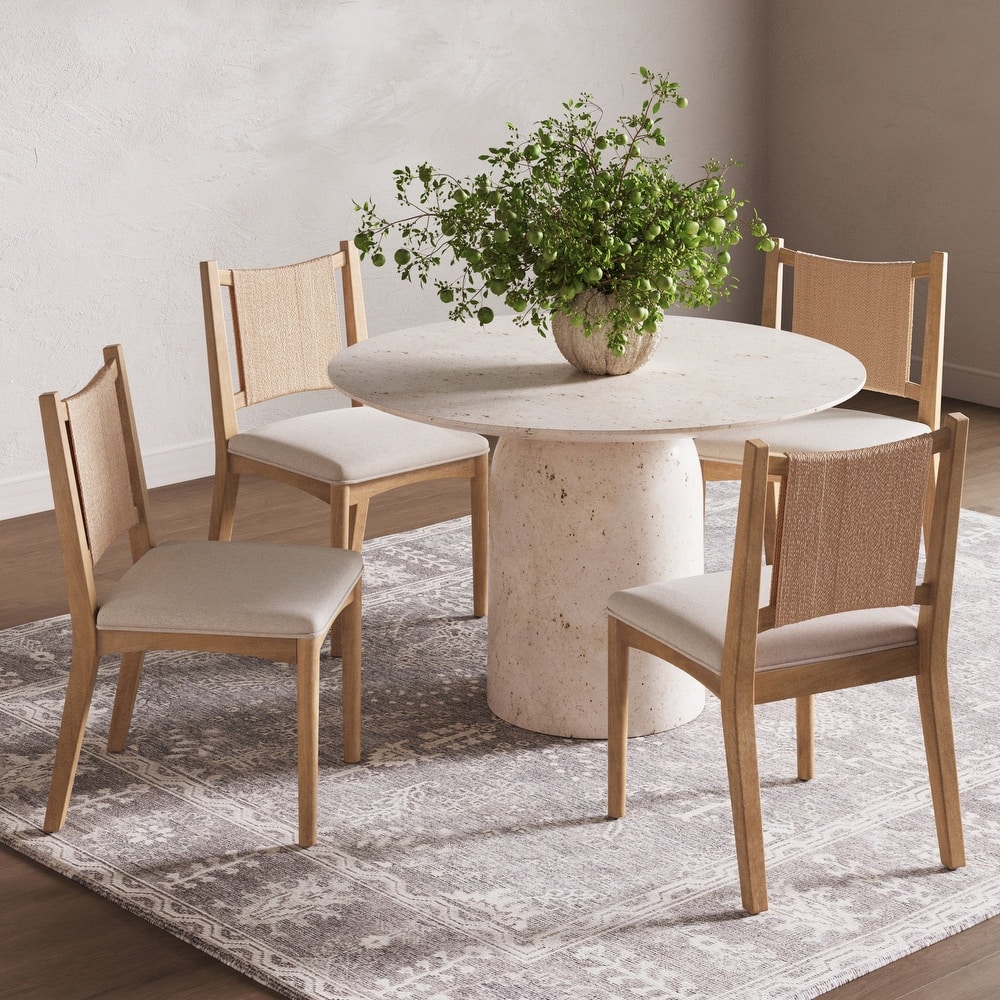Elodia Upholstered Dining Chair with Seagrass Back Solid Wood Modern Dining Room Chair with Natural Flax Upholstery