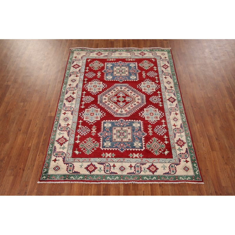 Geometric Red Kazak Oriental Area Rug Hand-Knotted Wool Carpet - 5'1" x 6'8"