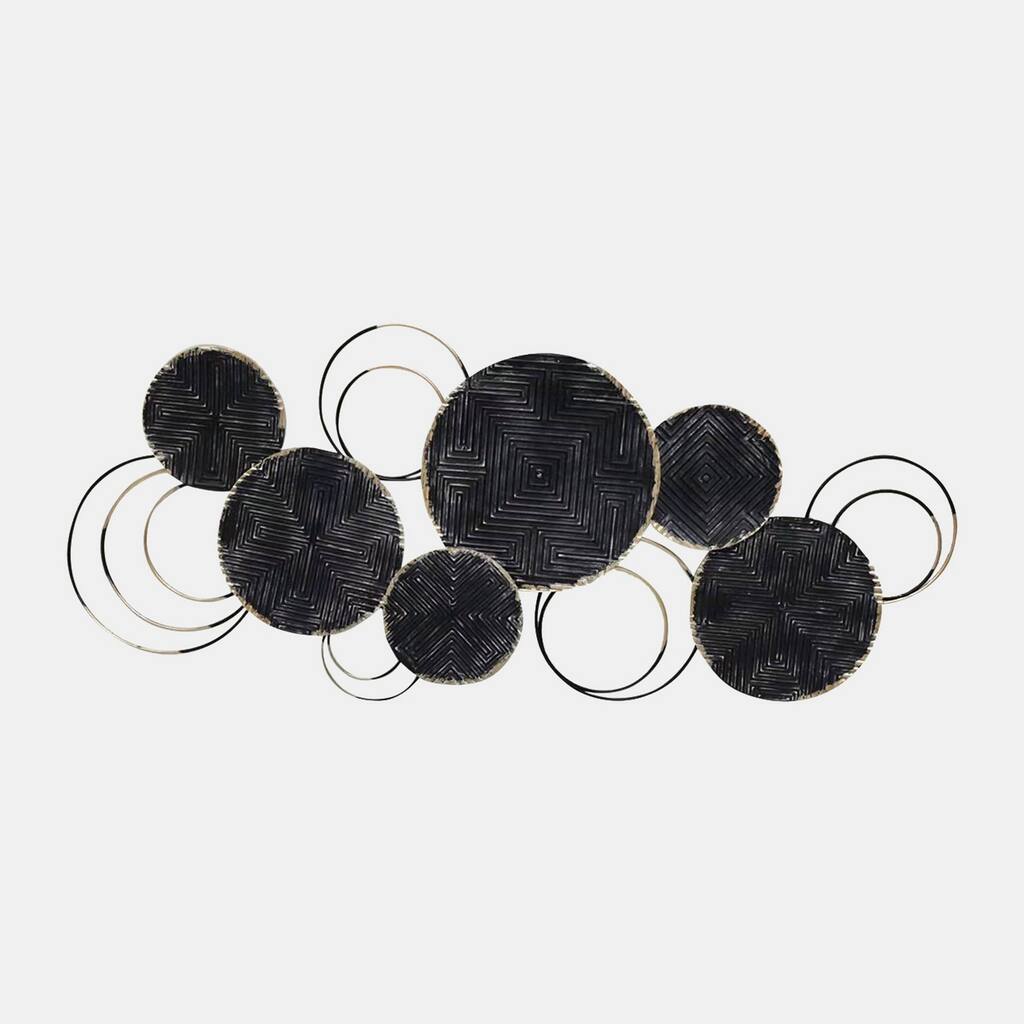 38 Inch Wall Hanging Art, Embossed Circular Geometric Patterns, Black, Gold