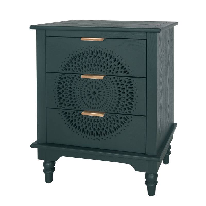 Roomfitters Hollow Carved 3 Drawer Dresser, Accent Storage Cabinet with Metal Handles, Green