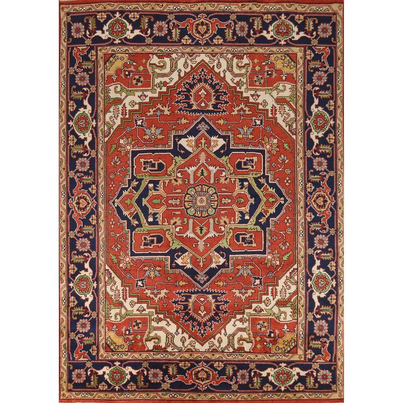 Orange Geometric Heriz Serapi Indian Area Rug Handmade Wool Carpet - 9'2" x 11'10"