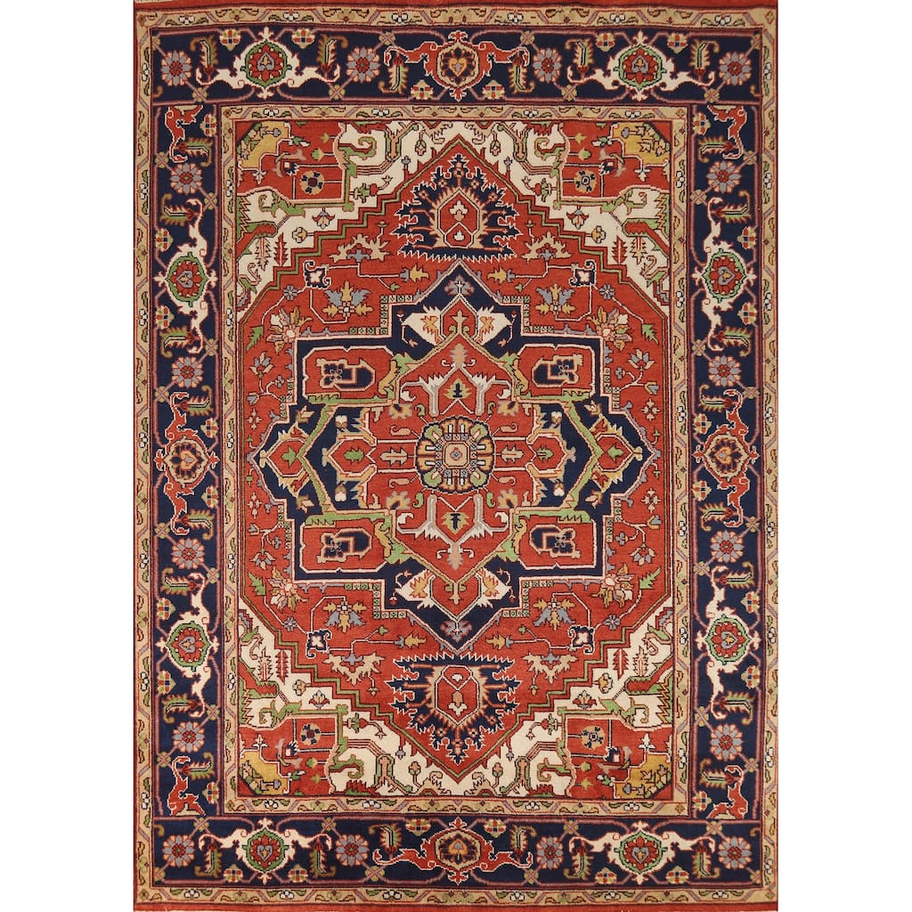 Orange Geometric Heriz Serapi Indian Area Rug Handmade Wool Carpet - 9'2" x 11'10"