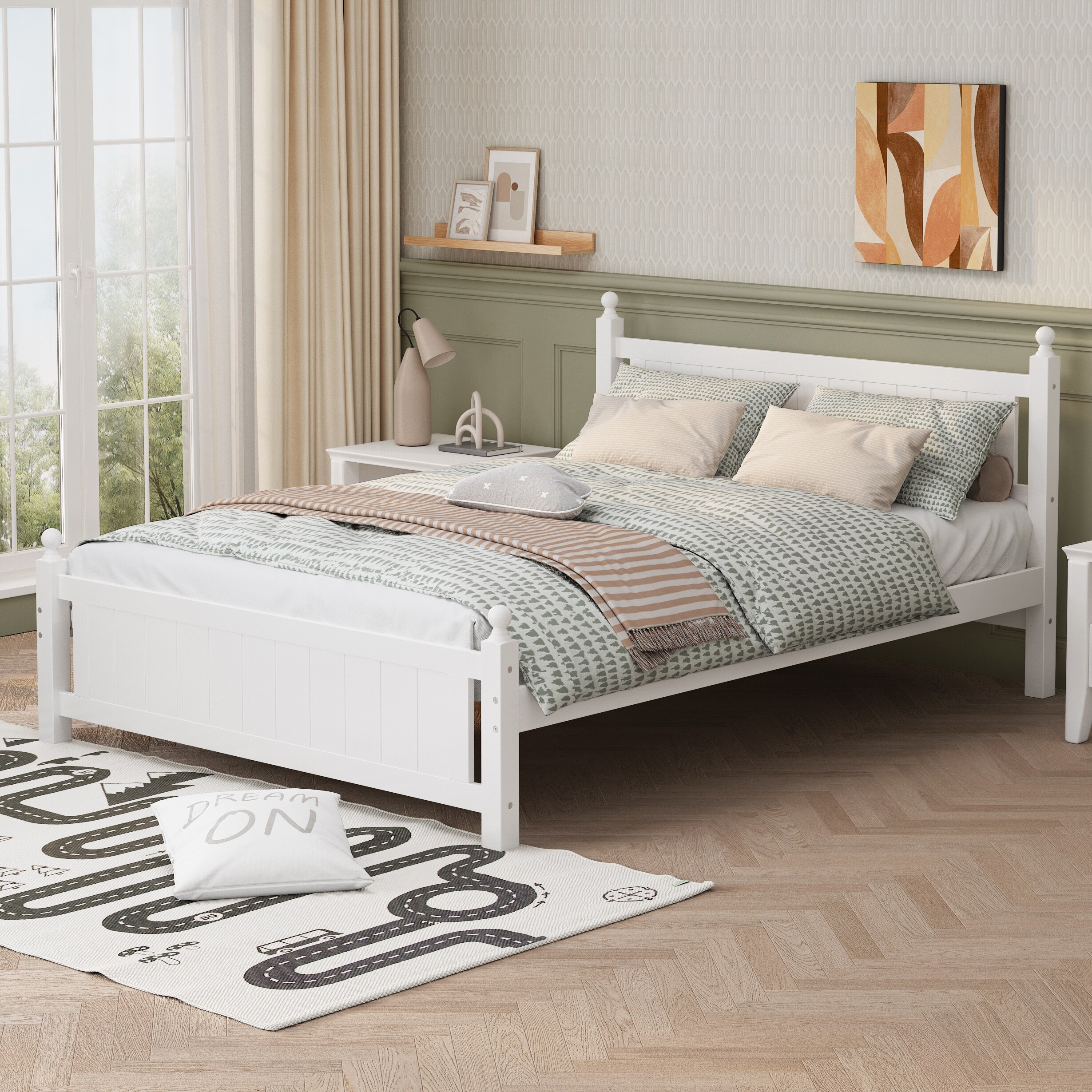 White Queen Size Solid Wood Platform Bed Frame No Box Spring Needed