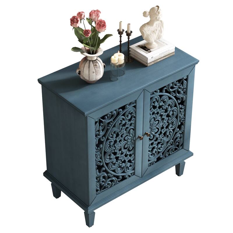 Roomfitters 2-Door Hollow-Carved Accent Cabinet, Symmetrical Floral Sideboard with Adjustable Shelf