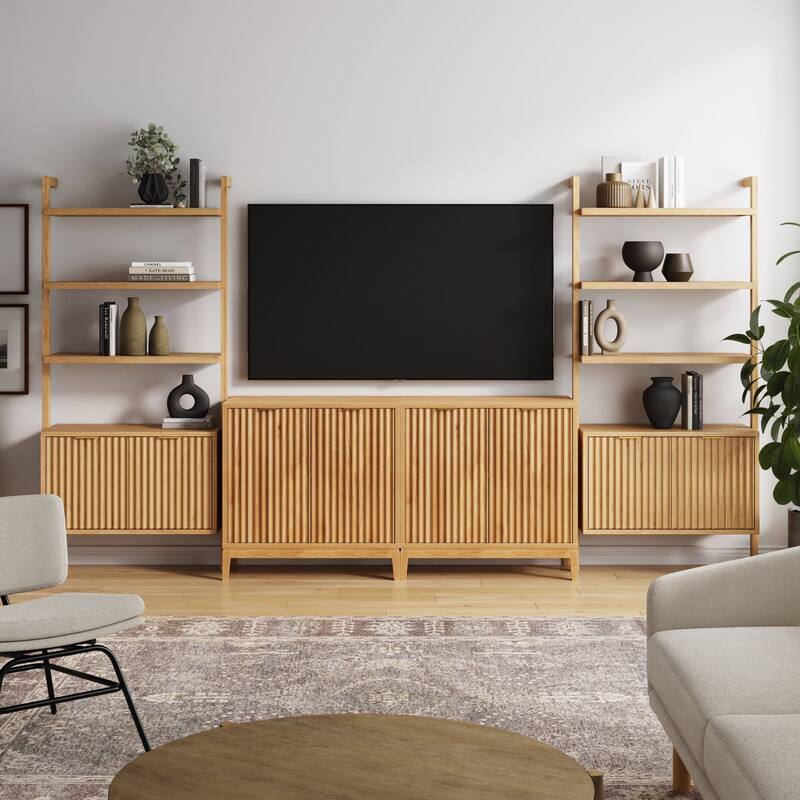 Jasper Mid Century Modern Solid Wood Entertainment Center or Wall Storage Unit with Fluted Doors - 2 Cabinets + 2 Bookshelves Fits Up to 65" TV - Warm Pine