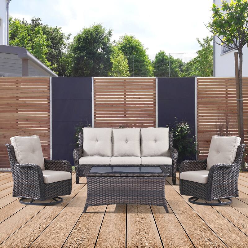 Gymojoy 4-Piece Patio Sofa with Swivel Glider Chair Set - Brown - Beige