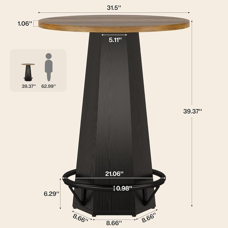Round Bar Pub Table, 39.4" H Bistro Cocktail Table with Metal Footrest