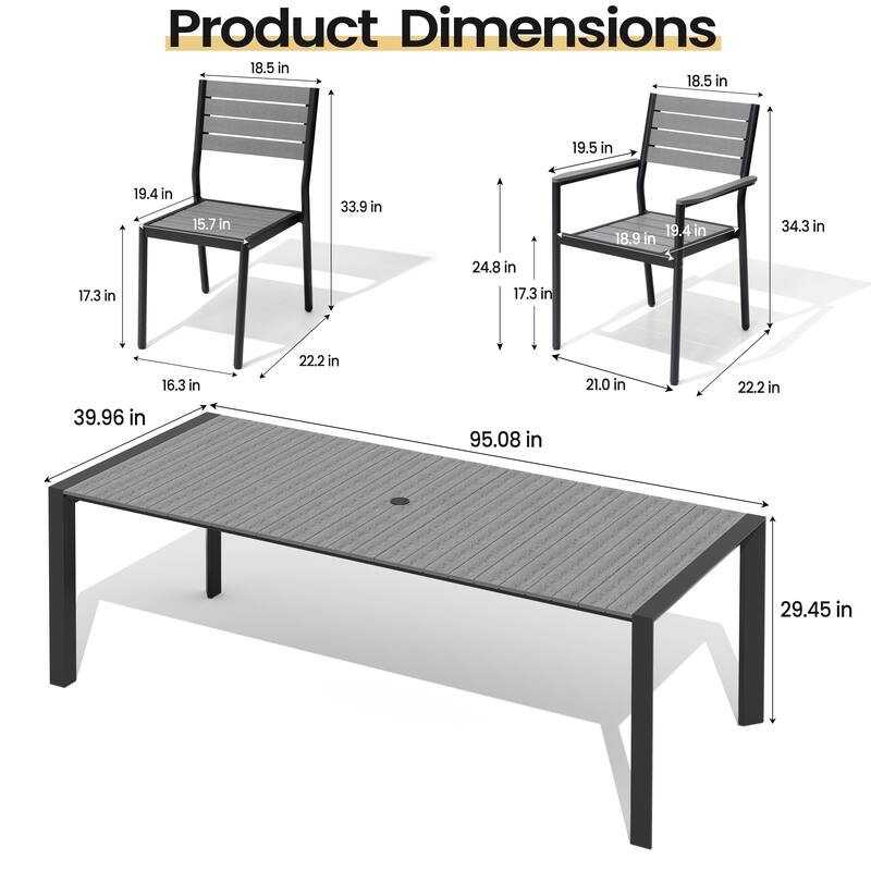 Set of 11 Outdoor Patio Dining Set WoodLike Table Top Aluminum Rectangular Umbrella Hole Table with Stackable Chairs Set