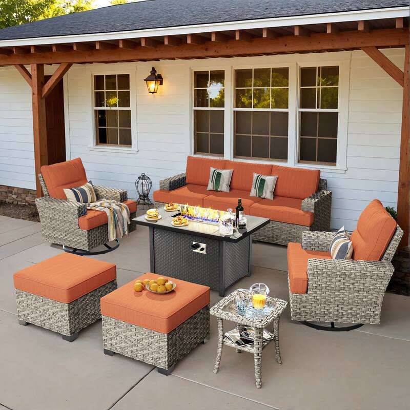 OVIOS 9 Pieces T shaped Seat Wide Armrest Swivel Chair Set With Fire Pit - Orange/Red