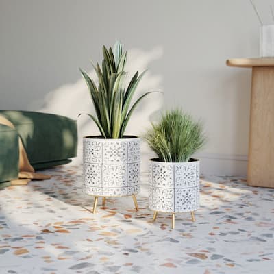 Tristan Black & White Indoor Metal Pot Planter With Nyra Metal Base Set - 10.5"H x 8"W x 8"D