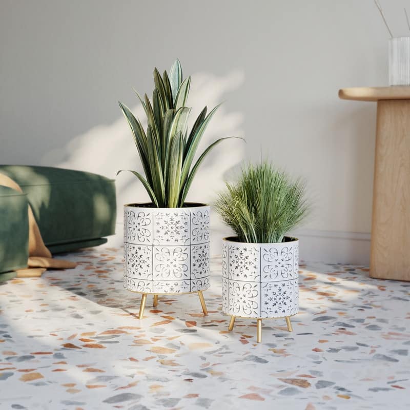 Tristan Black & White Indoor Metal Pot Planter With Nyra Metal Base Set - 10.5"H x 8"W x 8"D