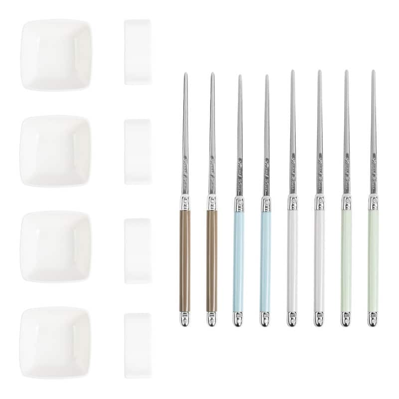 French Home Mother of Pearl Colored Chopsticks, Ceramic Rests and Sauce Bowls, Set of 4 Pairs