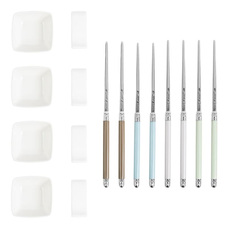 French Home Mother of Pearl Colored Chopsticks, Ceramic Rests and Sauce Bowls, Set of 4 Pairs