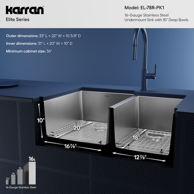 Karran Elite Undermount Stainless Steel 33 in. 16-Gauge Double Bowl 60/40 Kitchen Sink Kit