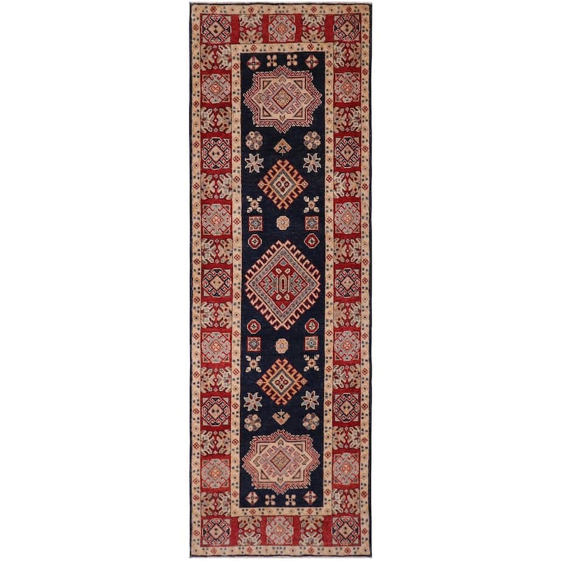 Rustic Kazak Esmeralda Blue/Red Wool Runner - 2'6'' x 9'7''
