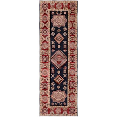 Rustic Kazak Esmeralda Blue/Red Wool Runner - 2'6'' x 9'7''