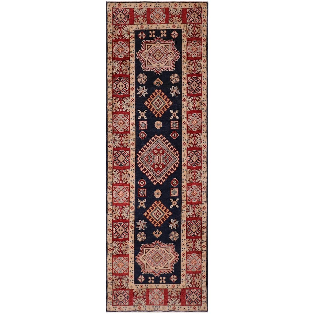 Rustic Kazak Esmeralda Blue/Red Wool Runner - 2'6'' x 9'7''