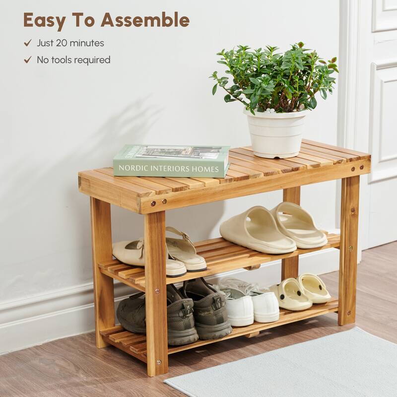 Farmhouse Acacia Wood Shoe Rack Bench 2-Tier Natural Wood Organizer