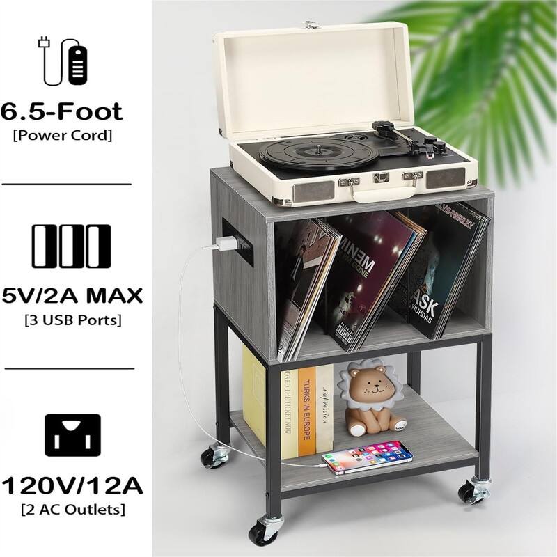 Vinyl Shelf with USB Ports and Outlets Turntable - 17.2 x 24.82 x 11.83