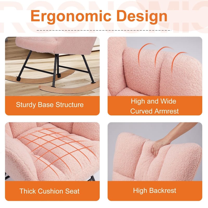 Living Room Ergonomic Teddy Fabric Rocking Chair Nursing Accent Reading Recliner with Soft Glider - 33.66"D x 28.35"W x 38.58"H