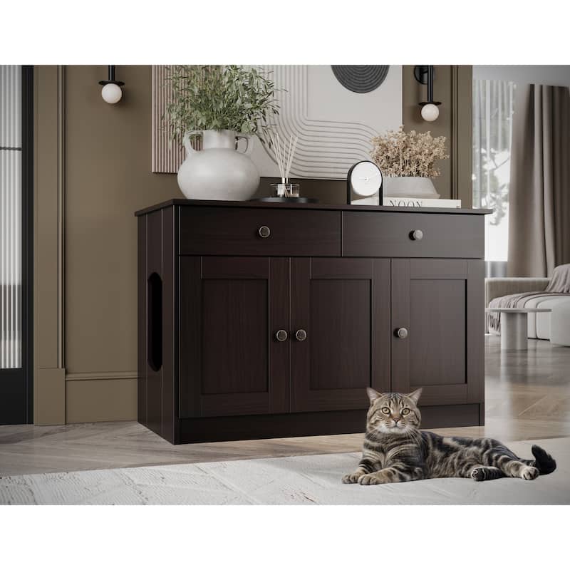 Palace Imports 100% Solid Wood Ziva 3-Door Cat Litter Box Enclosure with 2-Drawers - Java