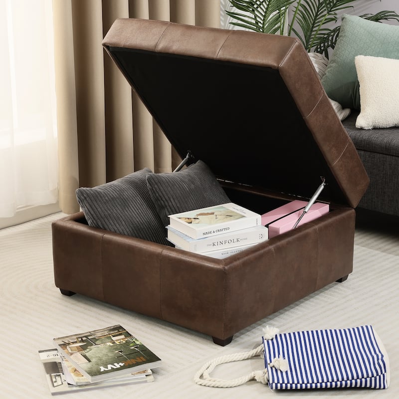Adeco Storage Ottoman Square Bench Tufted Footrest for Living Room