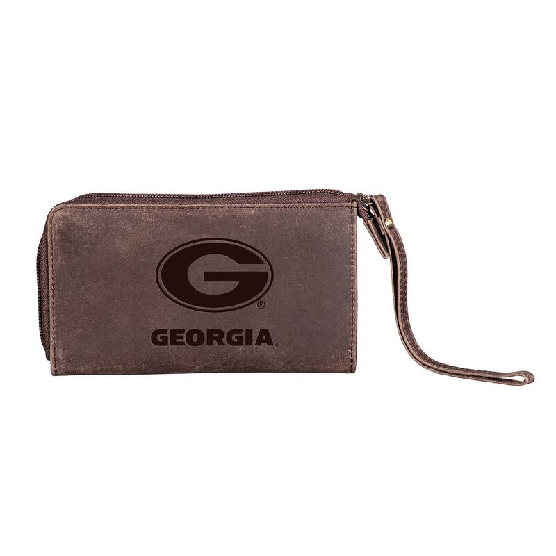Brown Leather Cell Phone Wristlet Wallet, University of Georgia - 4" x 7"