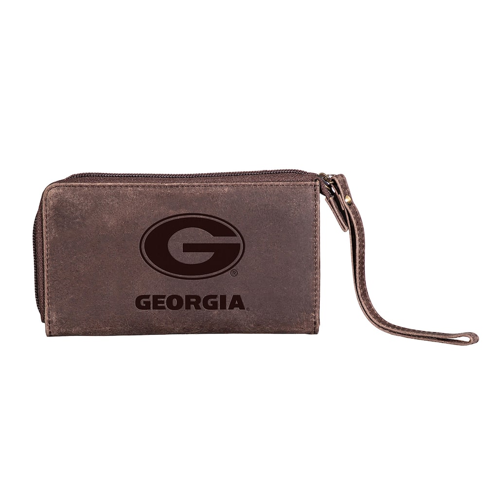 Brown Leather Cell Phone Wristlet Wallet, University of Georgia - 4" x 7"
