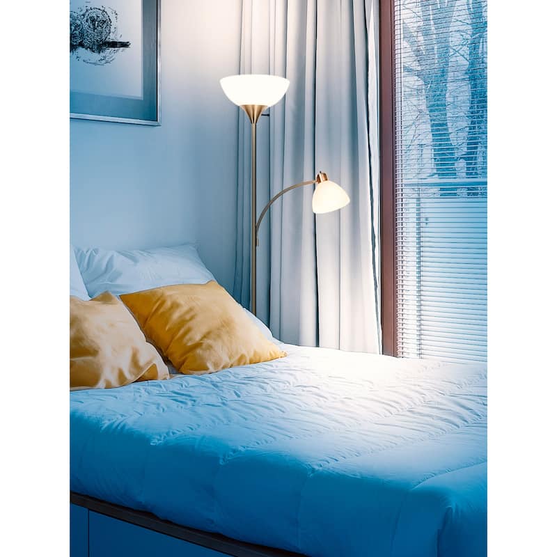 Brightech Sky Dome Plus 72 in. Antique Brass Industrial 2-Light 3-Way Dimming LED Floor Lamp with 2 White Plastic Bowl Shades