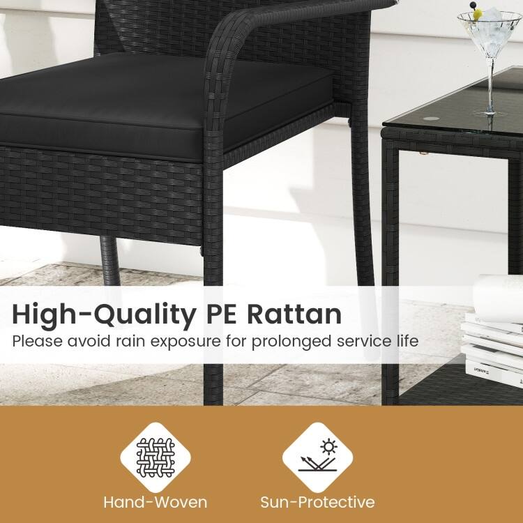 3 Piece Black PE Rattan Patio Set with Metal Frame, Cushions and Glass Table - Chair: 23" x 22.5" x 35"