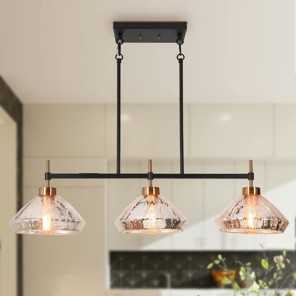 Flyn Modern 3-Light Linear Island Chandelier Mercury Glass Pendant for Kitchen Island Dining Room
