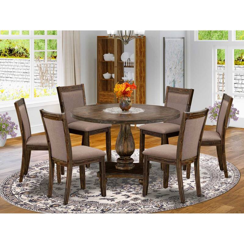 HomeStock 7-Piece Distressed Jacobean Finish Solid Wood Top Dining Table with 6-Parson Chairs