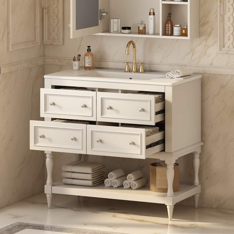 Free Standing Bathroom Vanity Cabinet with Sink, 4 Drawers, Solid Wood Frame, Silver Metal Knobs and Large Open Storage Shelf