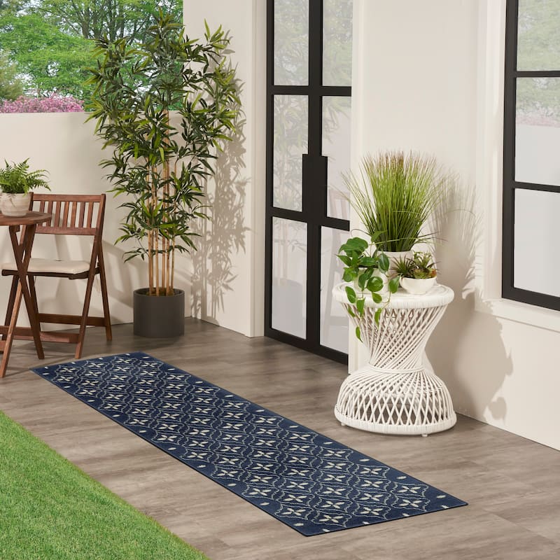 Nourison Sandy Indoor / Outdoor Blue Moroccan Area Rug - 8' Runner - Navy/Ivory