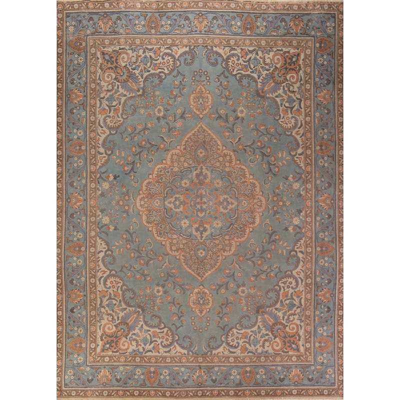 Blue Tabriz Persian Vintage Area Rug Hand-Knotted Wool Carpet - 9'6" x 12'10"