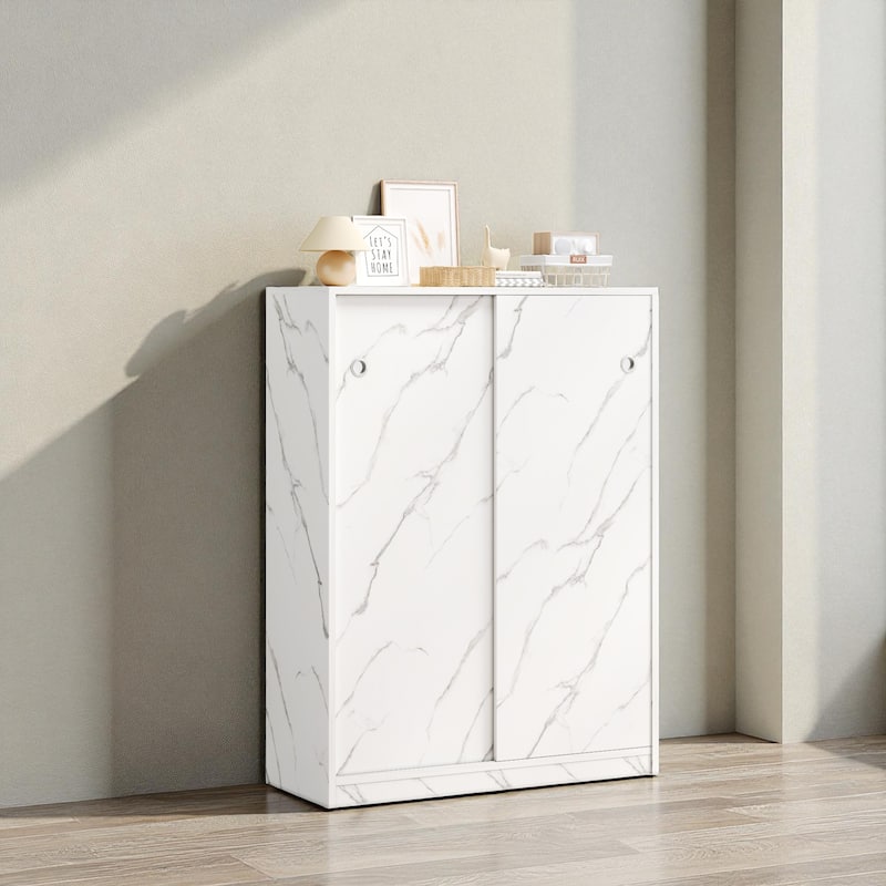 31.5" Marble Shoe Cabinet with Sliding Door, 6-Layer Large Capacity Freestanding Shoe Organizer for Entryway and Hallway