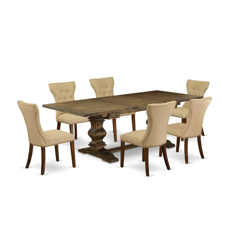 7-Piece Dining Set - Linen Fabric Chairs & Antique Walnut Table - 92