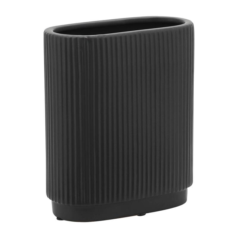 Ceramic Modern Ridged Decorative Vase - Black, 8"