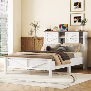 Full Size Rustic Wood Platform Bed with Sliding Barn Door Storage Headboard, Integrated Charging Ports