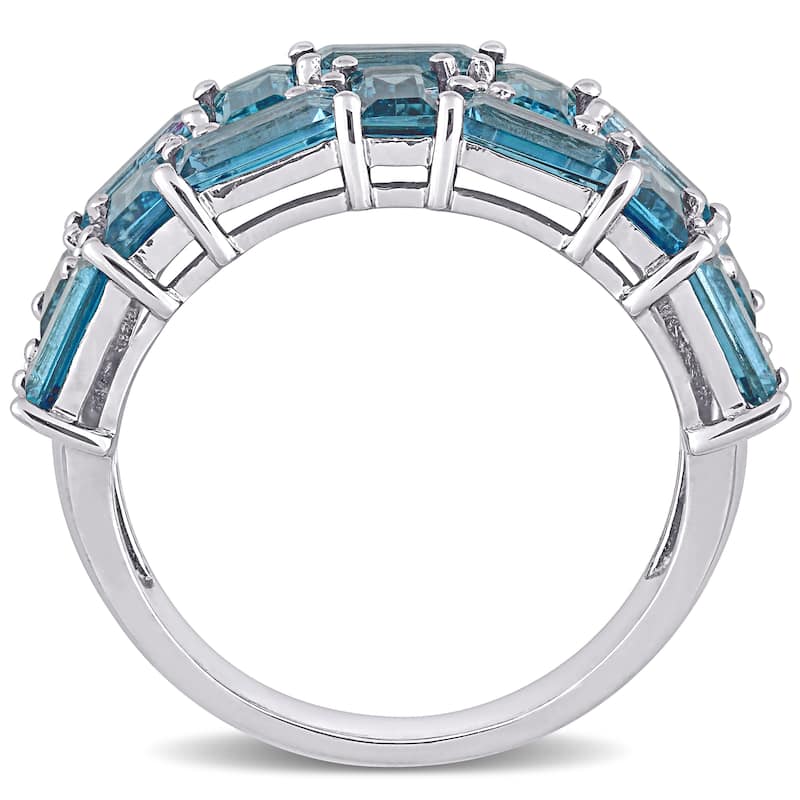 Miadora 10k White Gold Baguette London-Blue Topaz & 1/10ct Diamond Semi-Eternity Wedding Band Ring