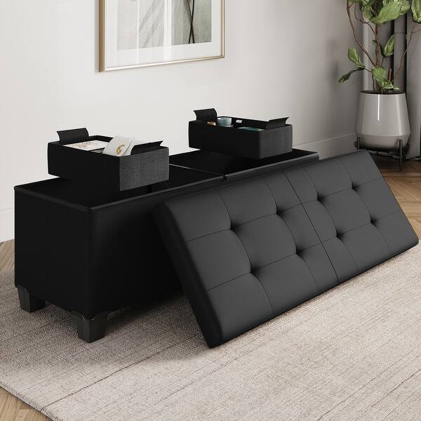 slide 2 of 10, Empyrean Tuffted Folding Foot Rest Storage Ottoman Bench with Storage Bins 43 Inch - Black Leather