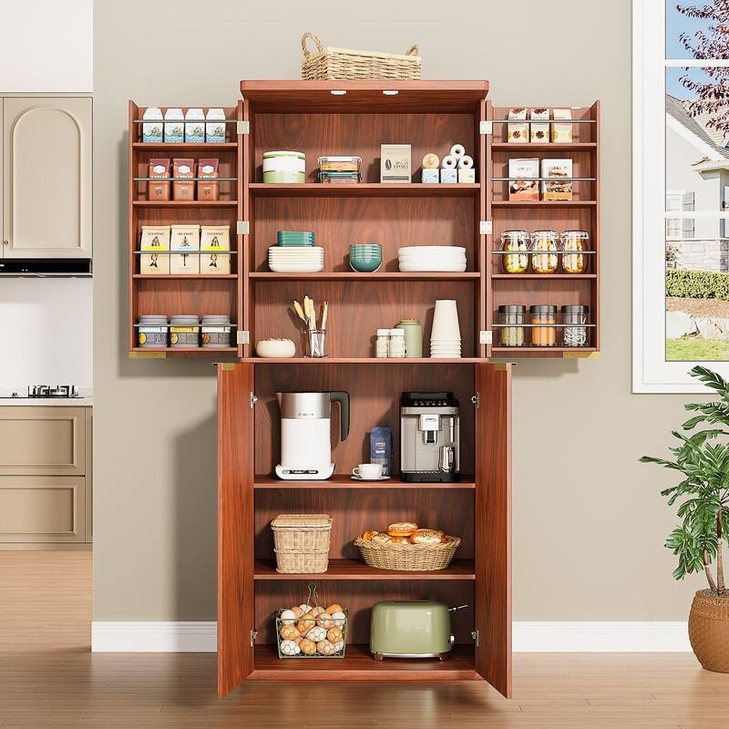 Modern 72"H Fluted Wood Kitchen Pantry Cabinet with 6 Shelves for Versatile Storage Solutions