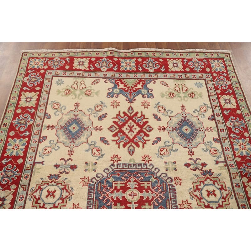 Geometric Beige Kazak Area Rug Hand-Knotted Traditional Wool Carpet - 5'0" x 6'3"