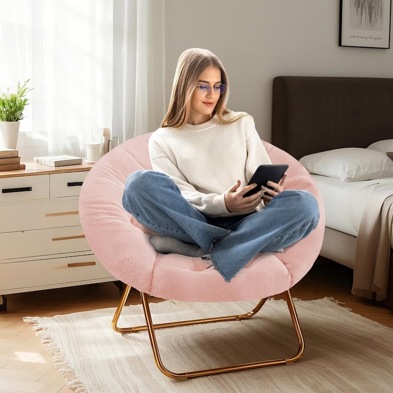 Cozy Saucer Chairs Faux Fur Living Room Reading Lounge Furniture Folding Comfy - 25.6"D x 35.8"W x 32.3"H
