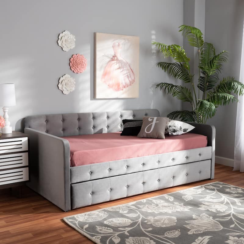 Grey Velvet Daybed with Trundle - Modern Twin Size Upholstered Sleeper Sofa