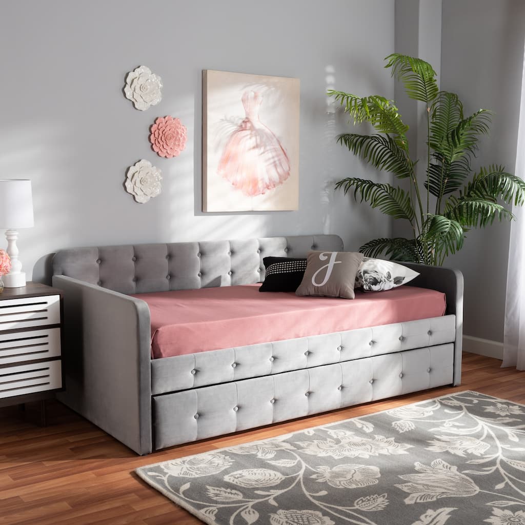 Grey Velvet Daybed with Trundle - Modern Twin Size Upholstered Sleeper Sofa