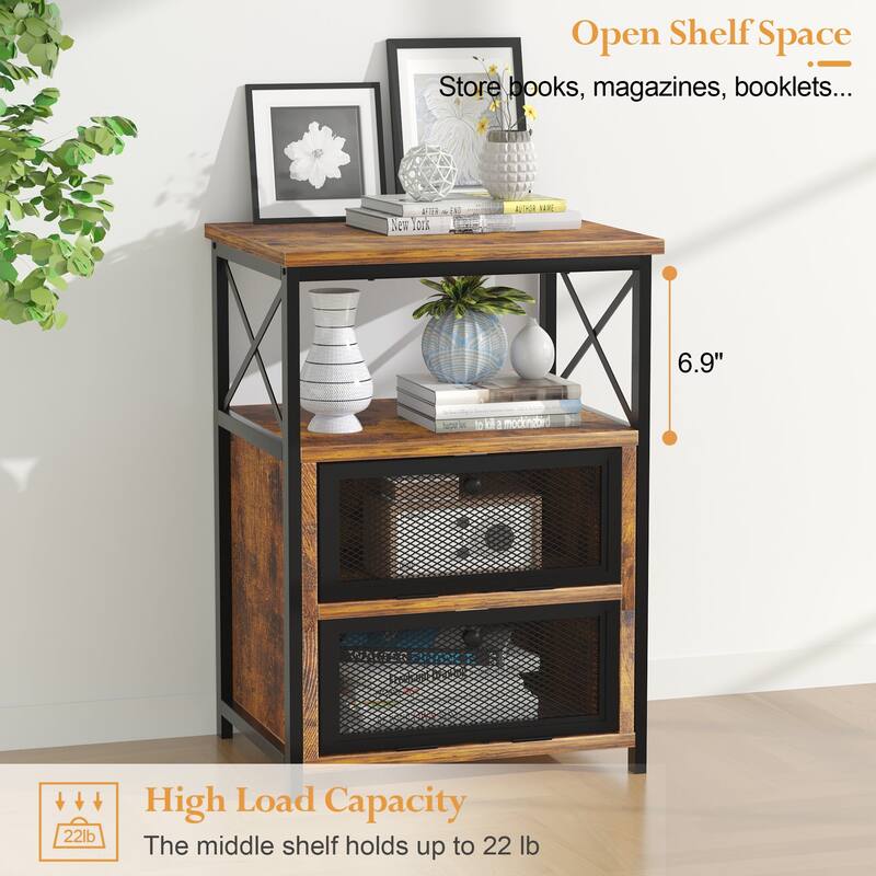 VECELO Modern End Table with 3-tier Storage Shelves, Nightstands with Charging Station(Nightstand Set of 2)