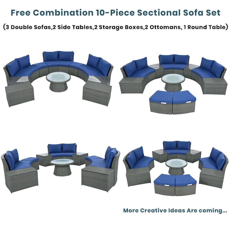 Abrihome 10-Piece Outdoor Sectional Half Round Patio Rattan Sofa Set,Light Gray