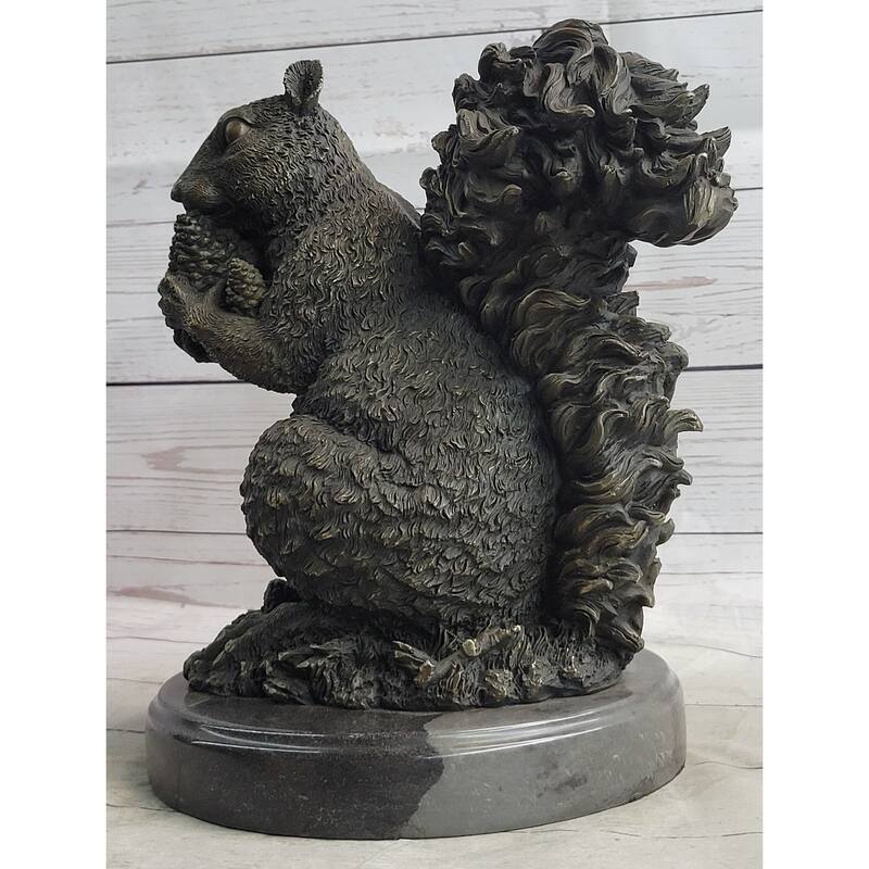 Squirrel Eating An Acorn Bronze Sculpture Statue Handmade Figure Original Art Marble Base