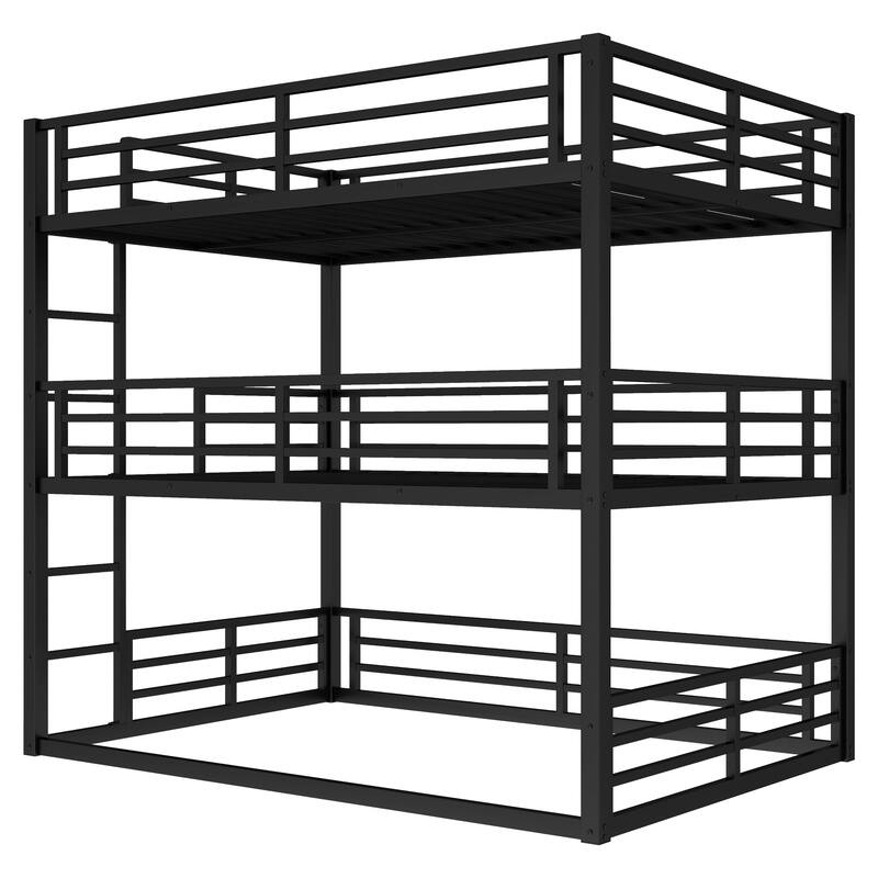 Full Size Triple Metal Bunk Bed with Safety Guardrails, Space-Saving Design, Noise-Reduced, Black